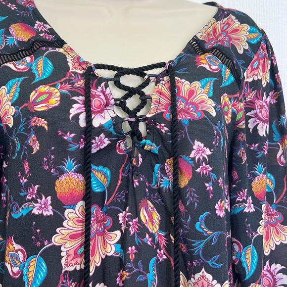 Nanette Lepore - Bright Floral Viscose Lace Up Long Sleeve Mini Dress Size Small - Picture 6 of 12